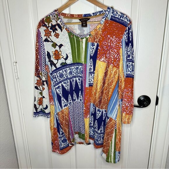 Multiples Multicolor Patchwork 3/4 Sleeve Modal Blend Tunic Sz L Boho Lagonlook - Picture 1 of 6